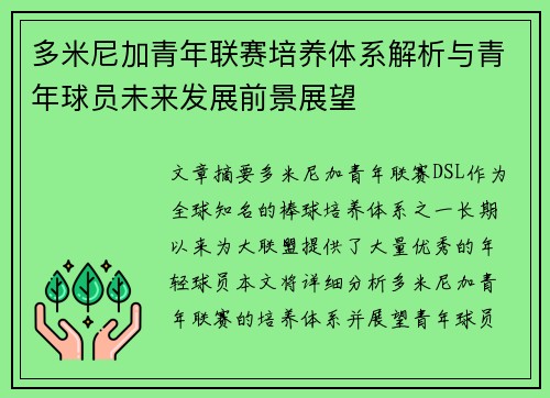 多米尼加青年联赛培养体系解析与青年球员未来发展前景展望