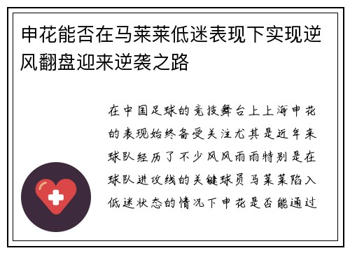 申花能否在马莱莱低迷表现下实现逆风翻盘迎来逆袭之路
