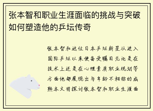 张本智和职业生涯面临的挑战与突破如何塑造他的乒坛传奇